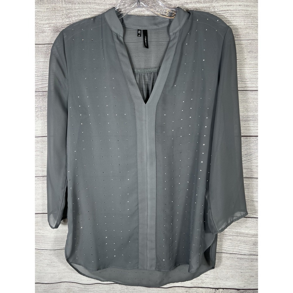 Maurices Women's XS Gray‎ Sheer Rhinestone Blouse Roll Tab Sleeve